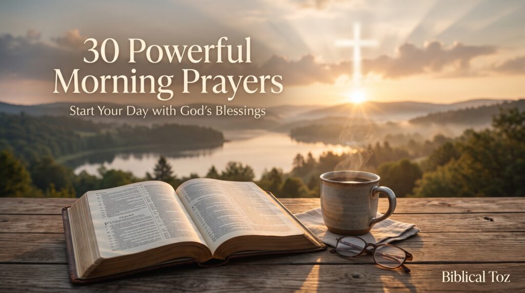 A peaceful sunrise with an open Bible representing 30 powerful morning prayers with God’s blessings