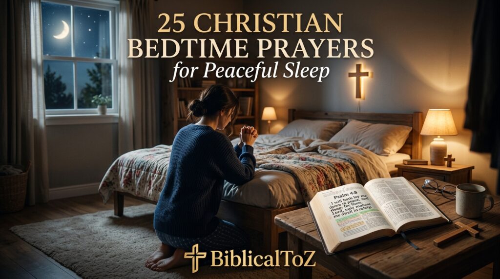 Christian bedtime prayer for peaceful sleep with open Bible