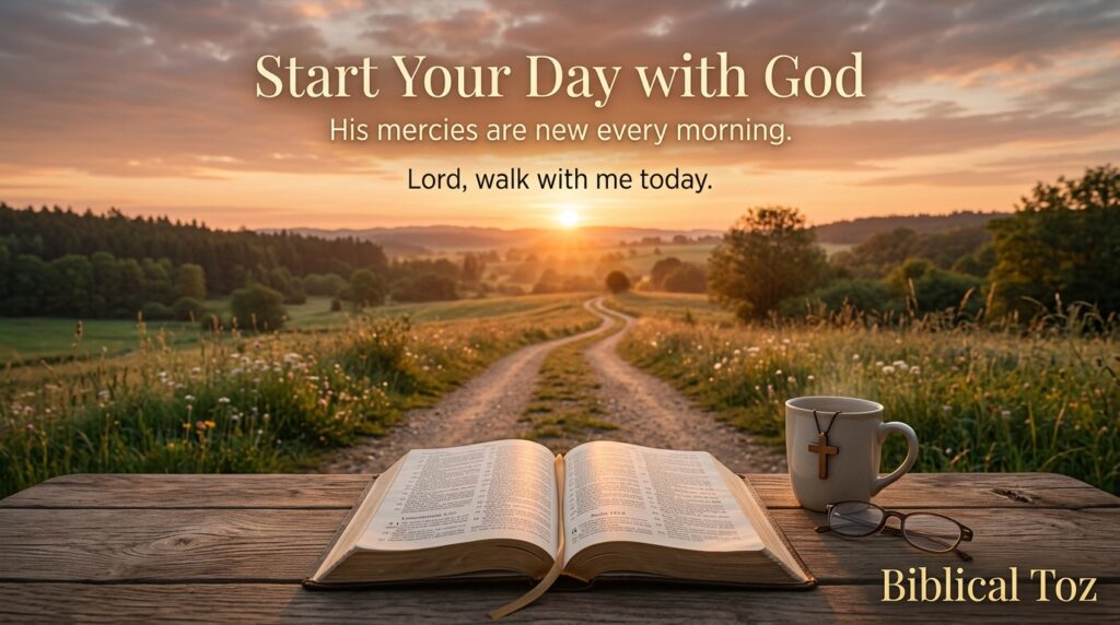 Peaceful sunrise with open Bible symbolizing starting the day with God through powerful morning prayers