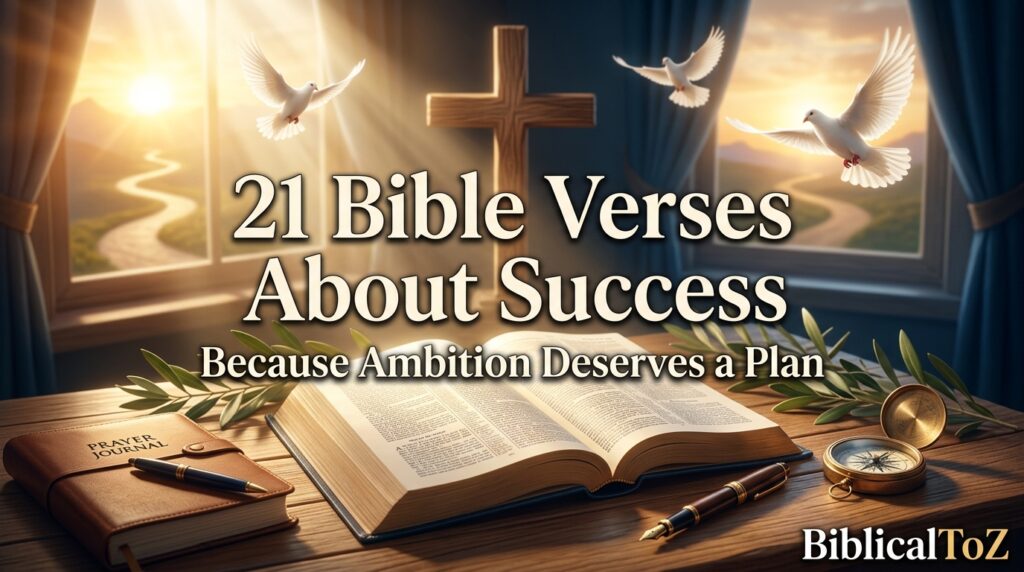 21 Bible Verses About Success featured image with open Holy Bible, cross, prayer journal, compass, heavenly light, and sunrise symbolizing God's guidance, wisdom, purpose, and lasting success.