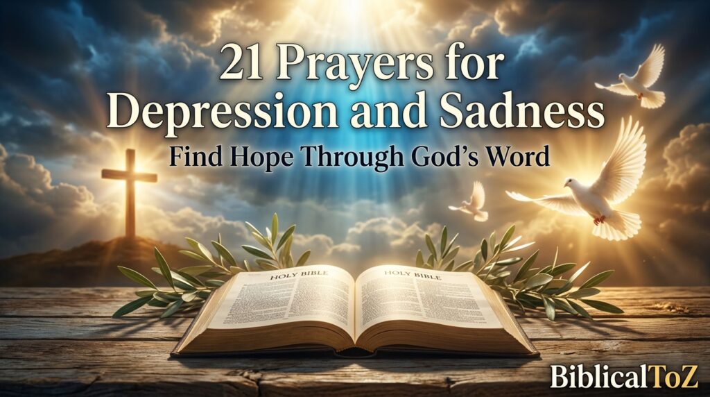 21 Prayers for Depression and Sadness featured image with Bible, cross, heavenly light and Christian hope theme