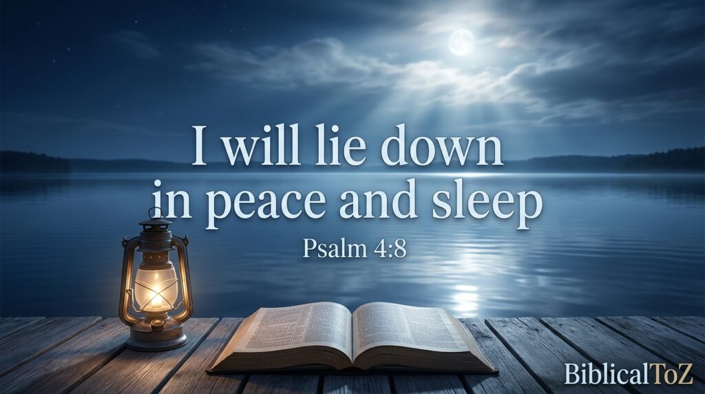 Psalm 4:8 Christian bedtime image about sleeping peacefully in God's protection