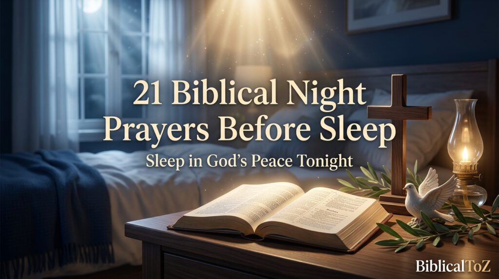 Featured image for 21 Biblical Night Prayers Before Sleep with open Bible, cross, heavenly light, and peaceful nighttime devotional scene.