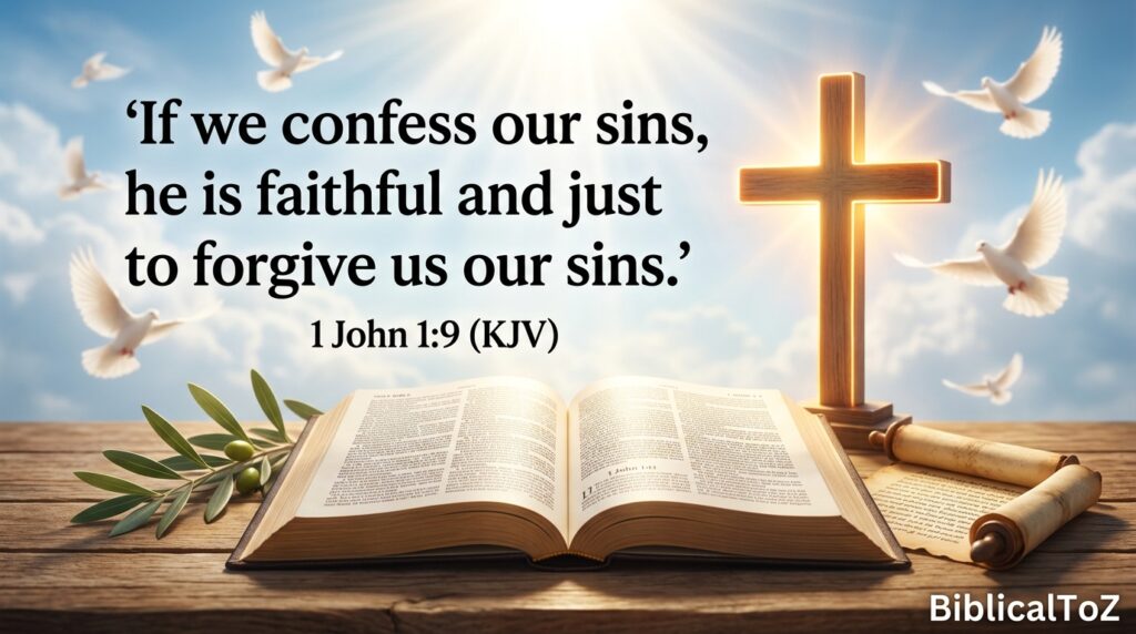 1 John 1:9 Bible verse about confession, forgiveness, and a fresh start through Christ.