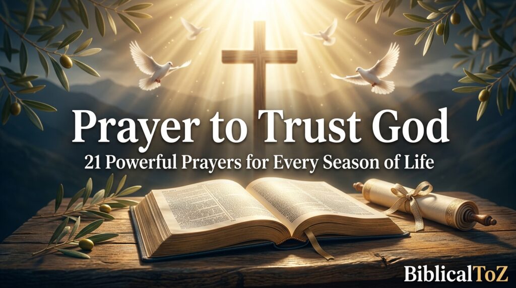 Prayer to Trust God featured image with open Bible, cross, heavenly light, doves, and Christian devotional artwork.