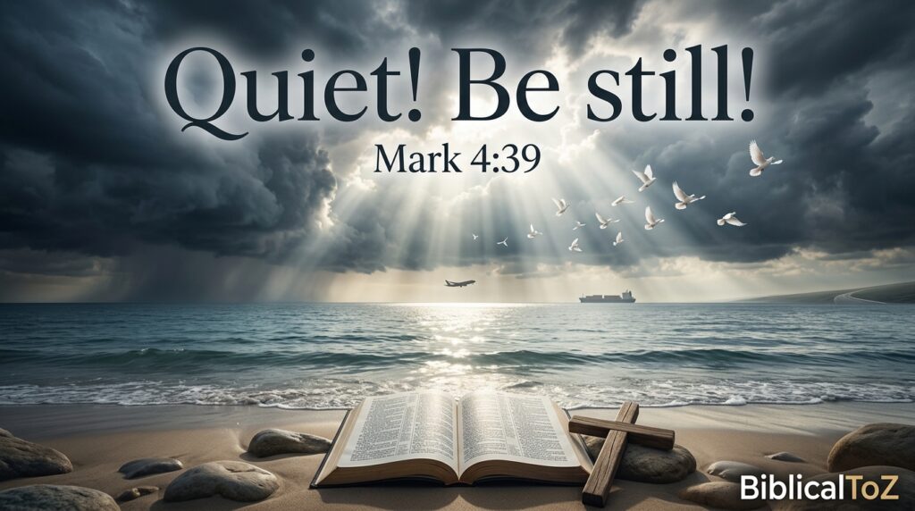 Mark 4:39 Peace Be Still Bible verse with calm sea, heavenly light, cross, and Christian safe travel illustration.