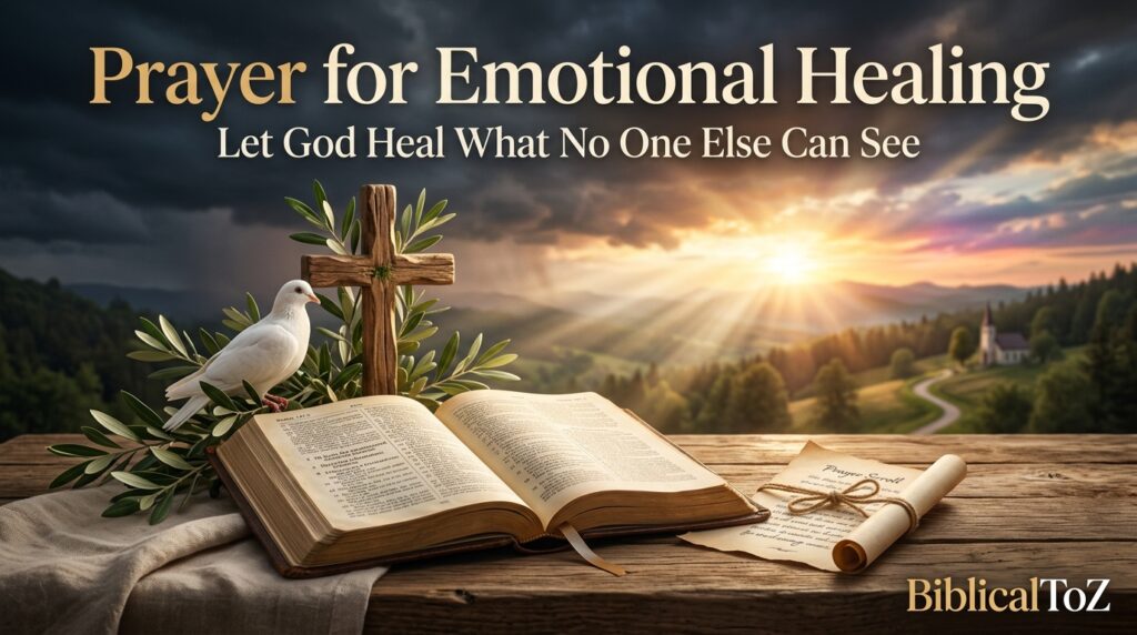 Prayer for Emotional Healing featured image with open Bible, cross, heavenly light, and symbols of God's healing and peace.