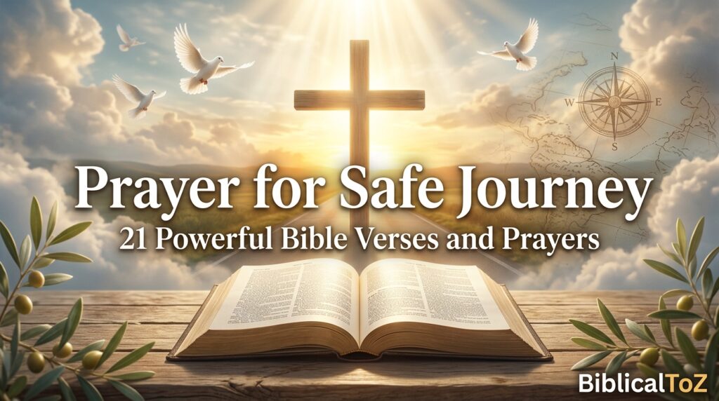 Prayer for Safe Journey featured image with open Bible, glowing cross, heavenly light, peaceful road, and Christian travel protection theme.