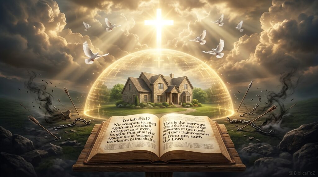 Open Bible and protected family home with heavenly shield symbolizing protection from evil and God's promises.