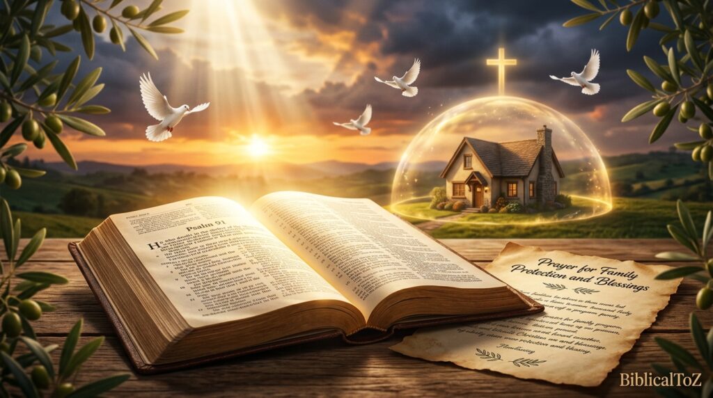 Open Bible, family home, and heavenly light symbolizing God's protection, blessings, peace, and care over families.
