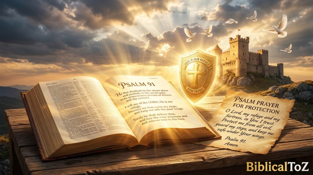 Open Holy Bible with Psalm 91, heavenly light, and a shield symbolizing God's protection, safety, and peace.
