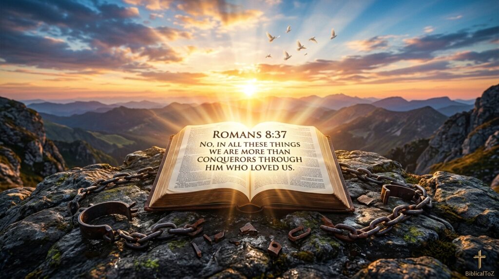 Bible glowing with divine light surrounded by broken chains and white doves, illustrating spiritual warfare victory and freedom through Jesus.