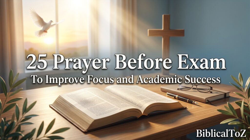 25 Prayer Before Exam featured image with open Bible, study desk, cross, notebook, and heavenly light symbolizing wisdom and academic success.