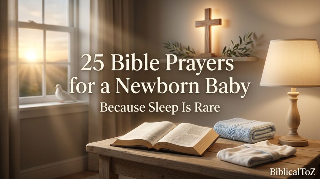 25 Bible Prayers for a Newborn Baby featured image with open Bible, peaceful nursery, baby blanket, cross, heavenly light, and sunrise symbolizing God's protection, comfort, and faith during sleepless nights.