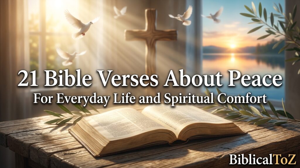 21 Bible Verses About Peace featured image with open Bible, cross, doves, heavenly light, and peaceful sunrise.