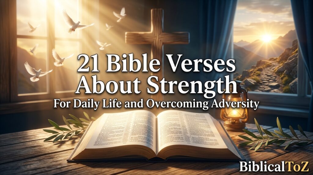 21 Bible Verses About Strength featured image with open Bible, cross, heavenly light, mountain path, and sunrise symbolizing God's strength, courage, and victory over adversity.