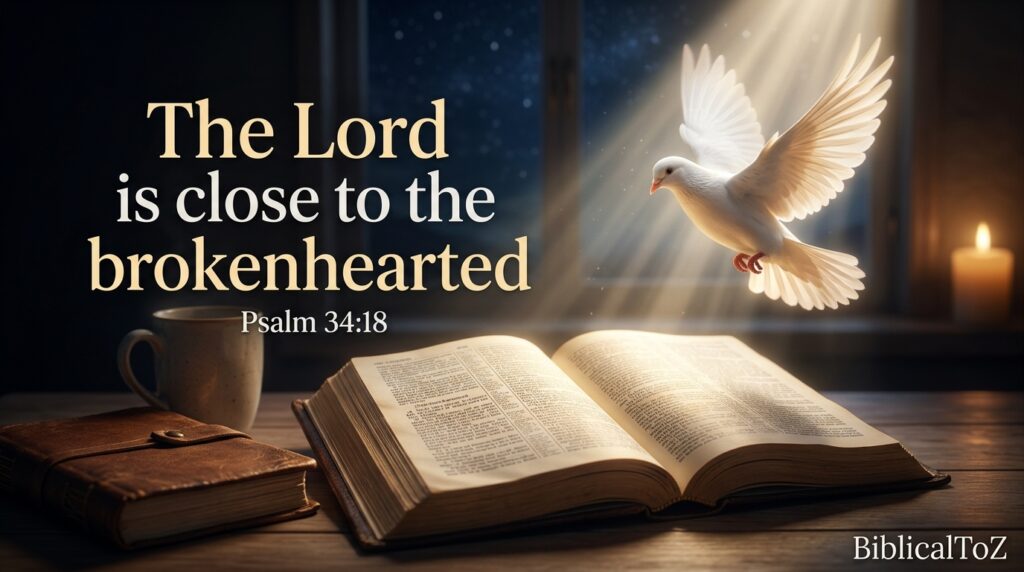Psalm 34:18 Christian healing image about God's comfort for the brokenhearted