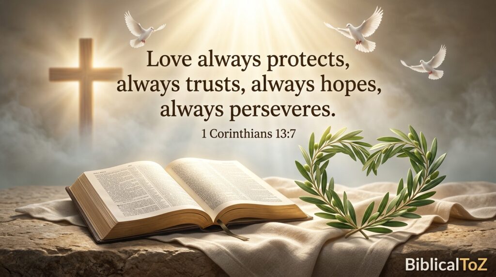 1 Corinthians 13:7 Bible verse about trust, love, hope, and Christian relationships.