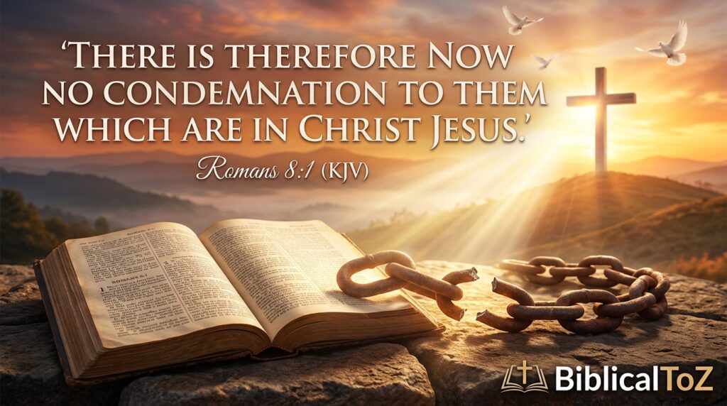 Romans 8:1 Bible verse about freedom from guilt and condemnation.