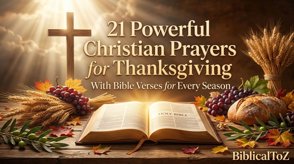 21 Powerful Christian Prayers for Thanksgiving featured image with Bible, harvest symbols and heavenly light