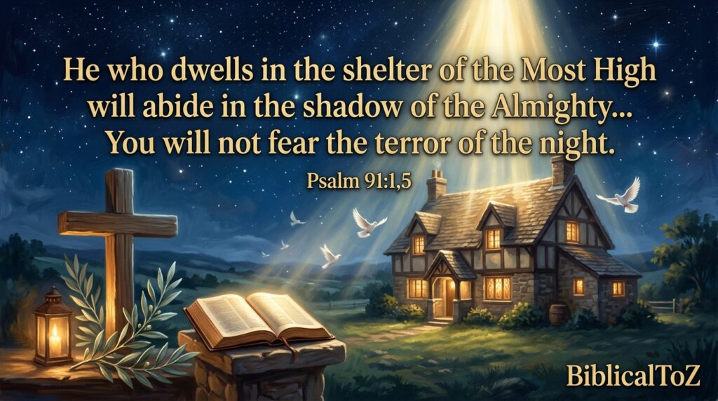 Psalm 91 protection verse over a peaceful home at night with heavenly light and cross.