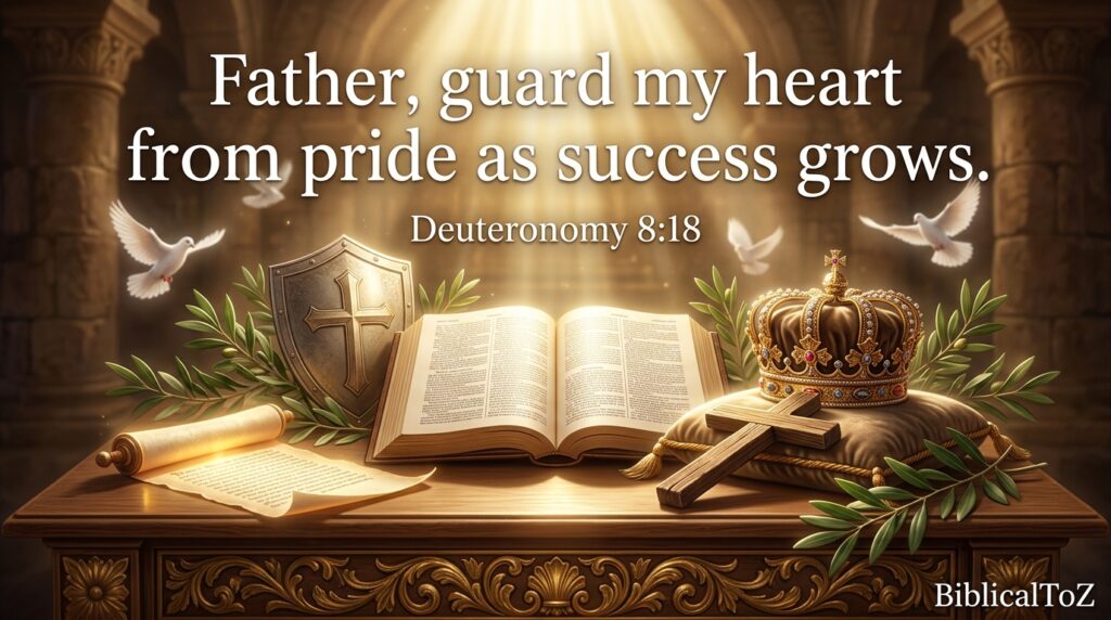Prayer for continued success and humility with Deuteronomy 8:18, featuring Bible, cross, and crown.