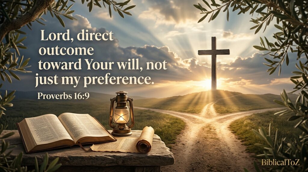 Christian prayer for God's guidance before important decisions based on Proverbs 16:9.