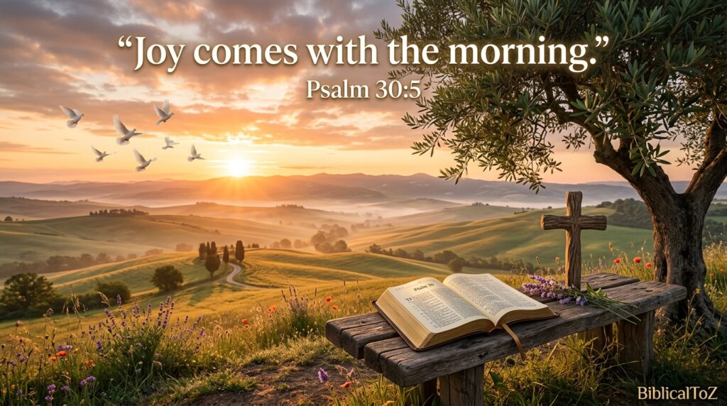 Psalm 30:5 scripture image about renewed joy and hope after sorrow.