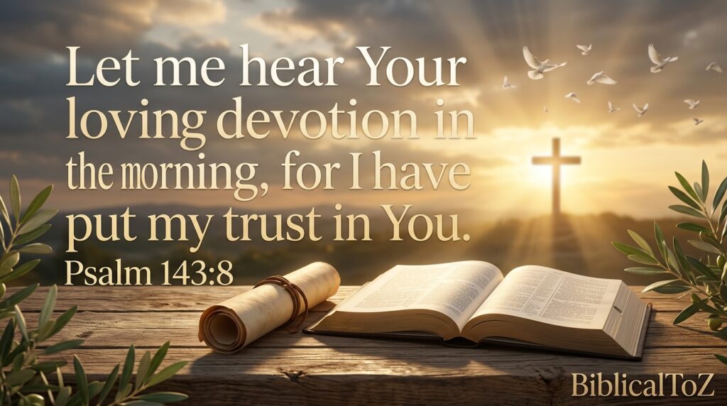 Psalm 143:8 morning prayer image about trusting God and beginning the day with faith.