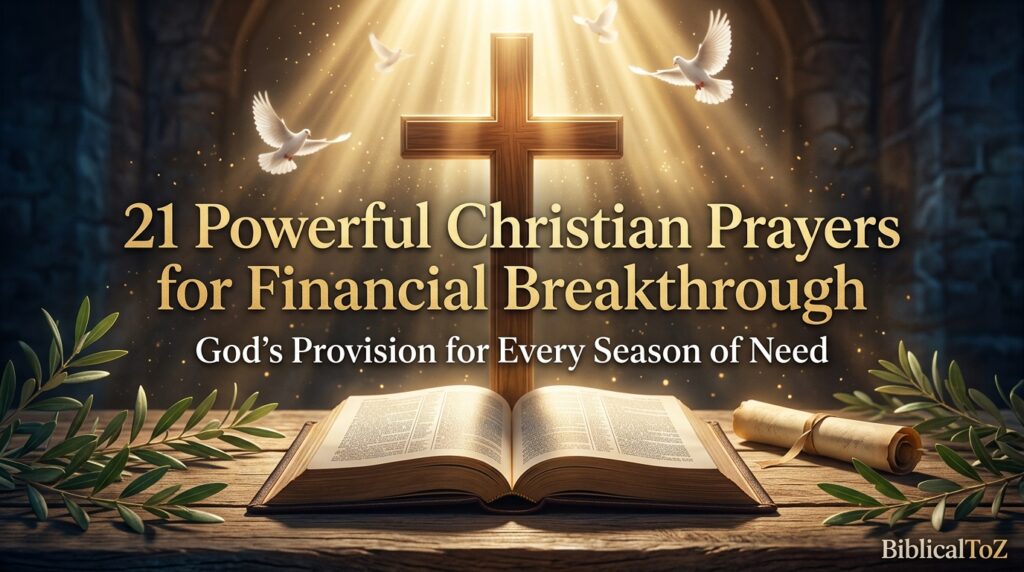 21 Powerful Christian Prayers for Financial Breakthrough featured image with open Bible, cross, heavenly light, and God's provision.