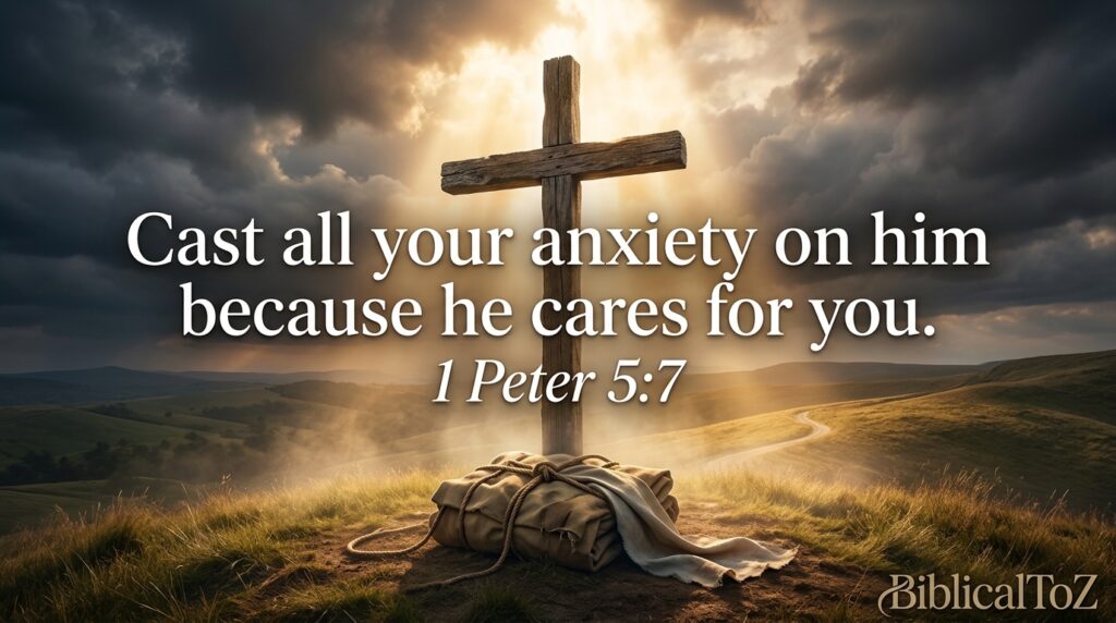 1 Peter 5 7 cast all your anxiety on him because he cares for you Christian devotional image