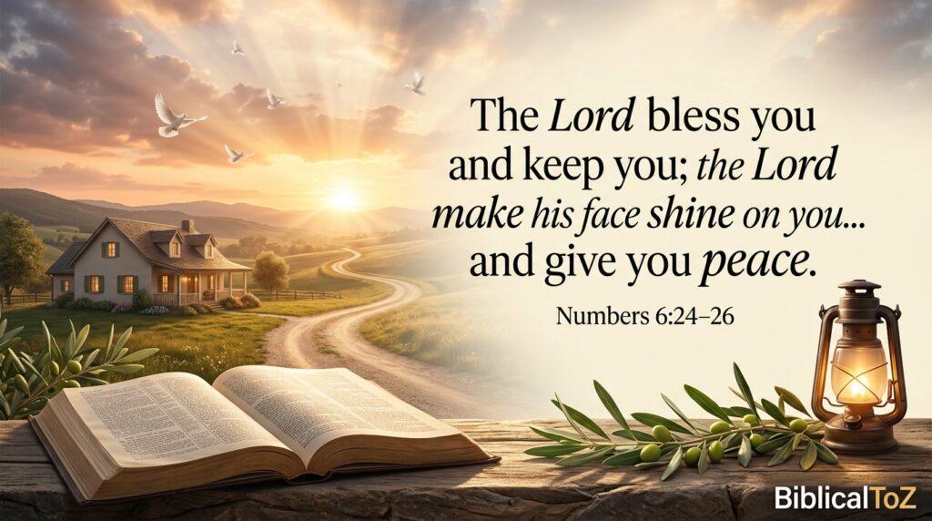 Numbers 6:24–26 blessing for safe travel with family home, open Bible, heavenly light, and peaceful Christian devotional design.