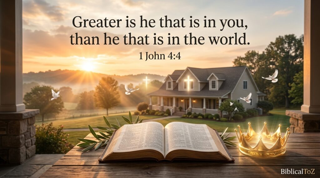 1 John 4:4 Christian devotional image showing God's protection with Bible, cross, heavenly light, and peaceful home.
