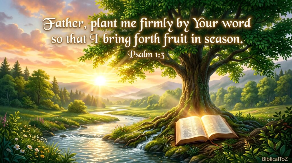Prayer for prosperity with Psalm 1:3 showing a flourishing tree rooted beside living waters.