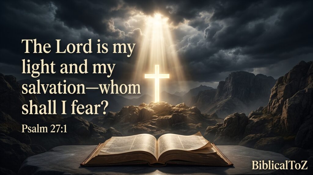 Psalm 27:1 Christian image about God's light overcoming fear and despair