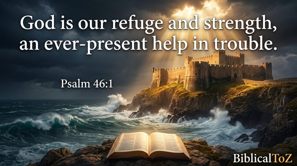 Psalm 46 1 God is our refuge and strength Christian scripture image with fortress and heavenly light