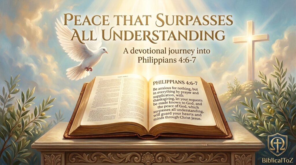 Bible Based Prayer for Peace with open Bible, white dove, glowing cross, and heavenly light symbolizing peace of mind and God's comfort.