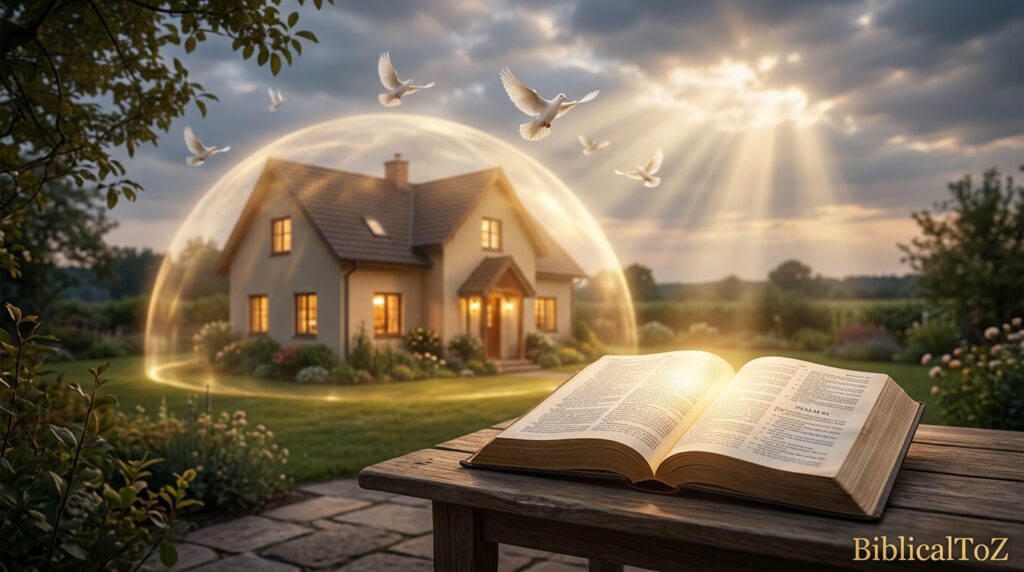 Open Bible and protected home under heavenly light symbolizing God's protection over family and loved ones.