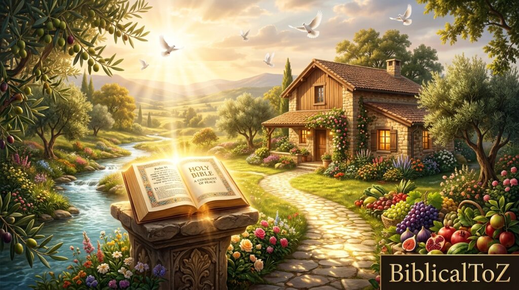 Open Bible, blessed family home, and golden light symbolizing God's favor, provision, peace, and generational blessings.
