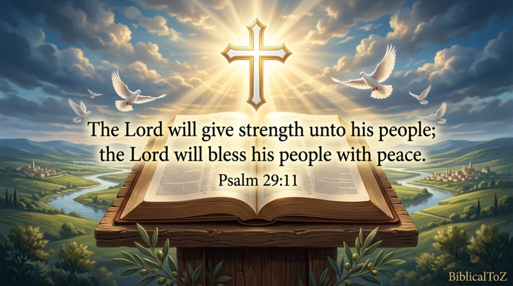 Open Bible with Psalm 29:11, doves, and heavenly light symbolizing strength, peace, and God's blessing.