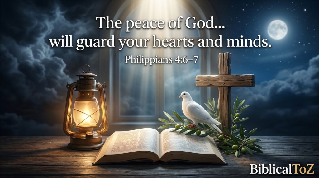 Philippians 4:6-7 Bible verse about God's peace guarding hearts and minds.