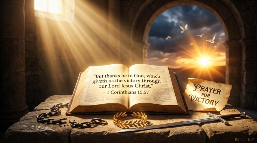 Prayer for victory with an open Bible, broken chains, heavenly light, and symbols of God's triumph and faith.