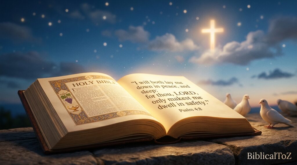 Glowing Bible, peaceful night sky, and heavenly light symbolizing God's peace, rest, and protection.