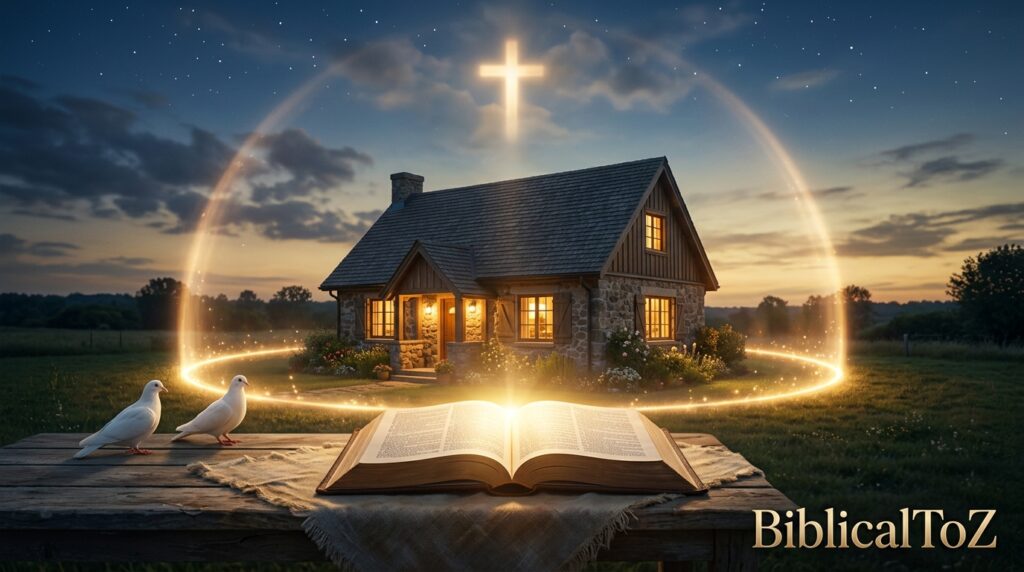 Open Bible and protected home at sunset symbolizing family safety, peace, answered prayer, and God's faithfulness.