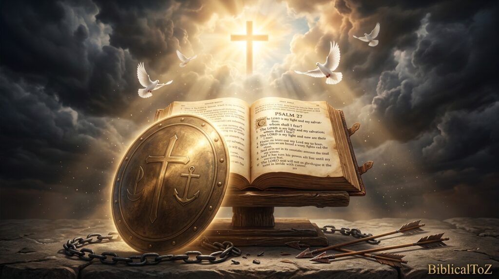 Open Bible, shield, and heavenly light representing protection from evil, fear, and spiritual attacks.