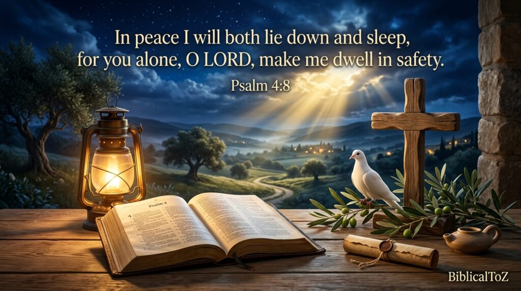 Psalm 4:8 Bible verse with open Bible, cross, heavenly light, and peaceful night devotional scene.