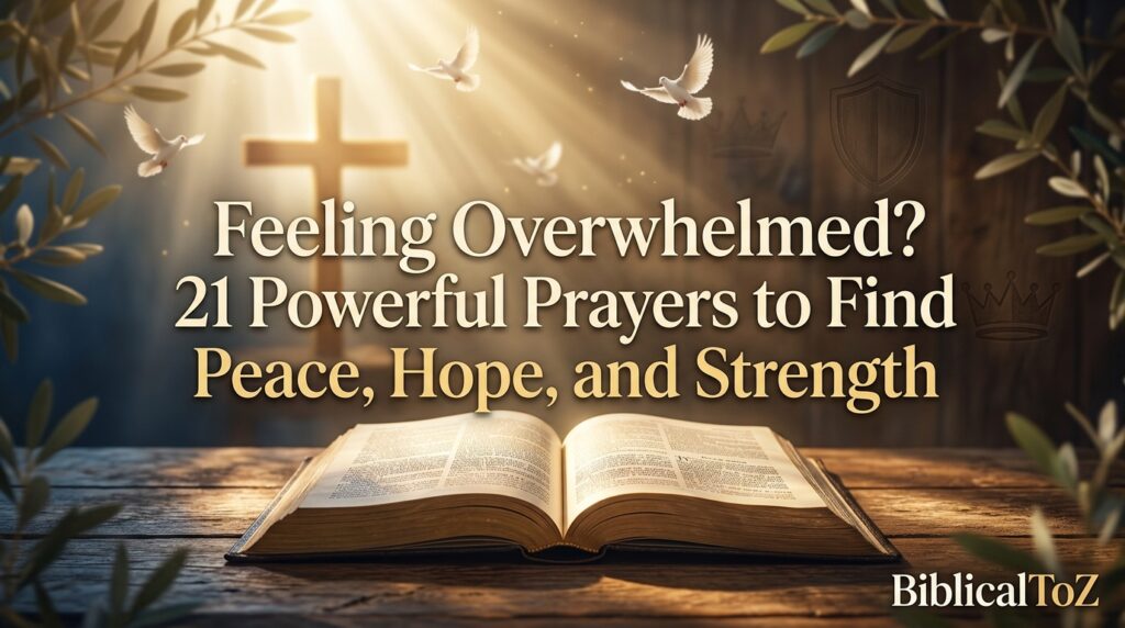 Feeling Overwhelmed 21 Powerful Prayers to Find Peace Hope and Strength featured image with Bible cross and heavenly light