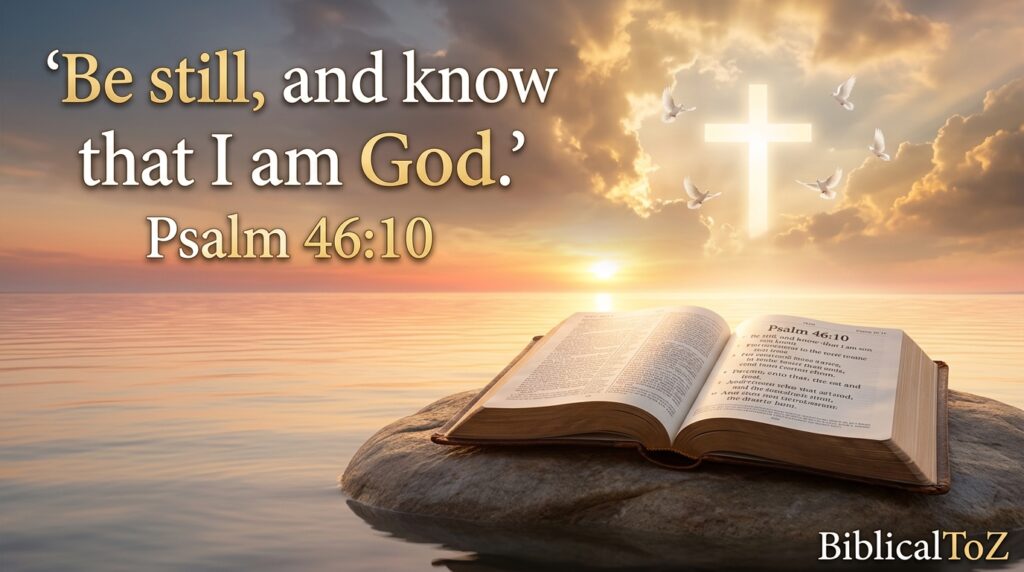 Open Holy Bible resting beside calm still waters under a glowing sunrise. Psalm 46:10 is visible on the Bible pages. A radiant cross shines softly through golden clouds while white doves hover peacefully above. The atmosphere communicates stillness, trust, surrender, and divine peace. Elegant Christian typography displaying:

"Be still,
and know that I am God."
Psalm 46:10

Open Bible with Psalm 46:10 and peaceful sunrise symbolizing stillness, trust, and God's perfect peace.
