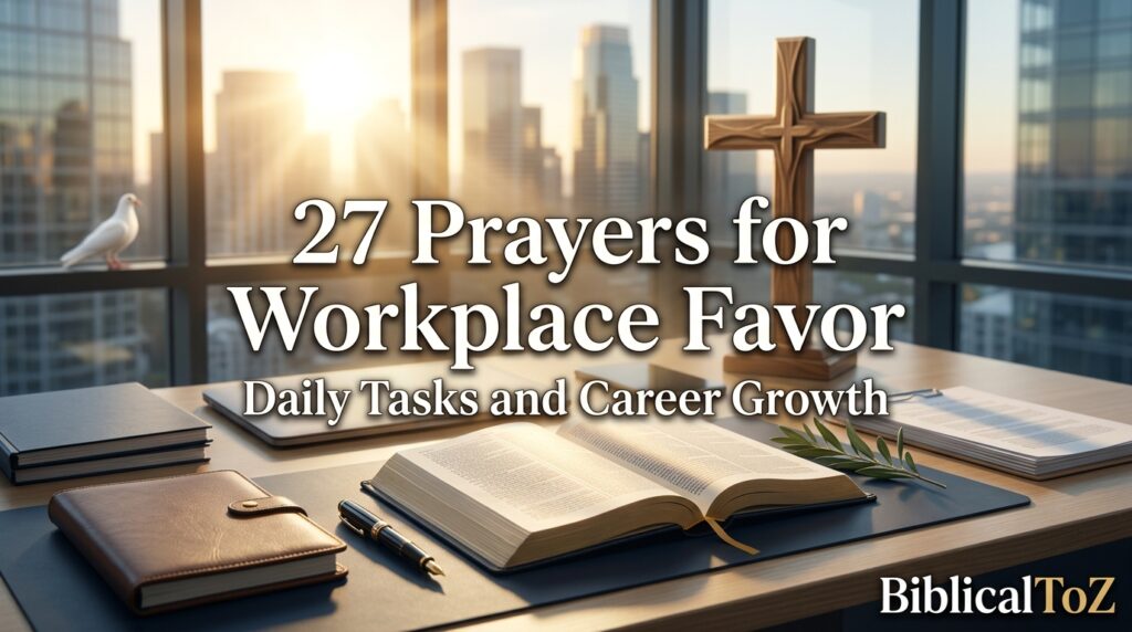 27 Prayers for Workplace Favor featured image with open Bible, modern office desk, cross, planner, heavenly light, and city skyline symbolizing God's guidance and career growth.