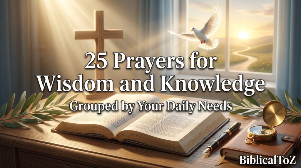 25 Prayers for Wisdom and Knowledge featured image with open Bible, cross, prayer journal, compass, and heavenly light.